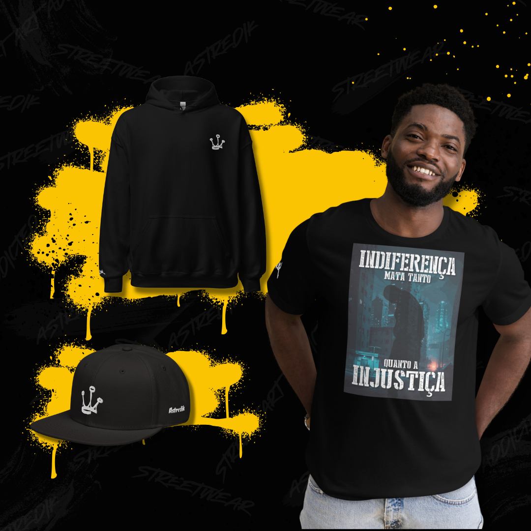 Combo Indiferença: Estilo com Propósito. Voz com Presença. Este combo não é apenas sobre o que vestes — é sobre o que representas.Três peças com mensagem social forte, criadas para quem não tolera a apatia nem na moda nem na vida. Inclui no pack: T-shirt