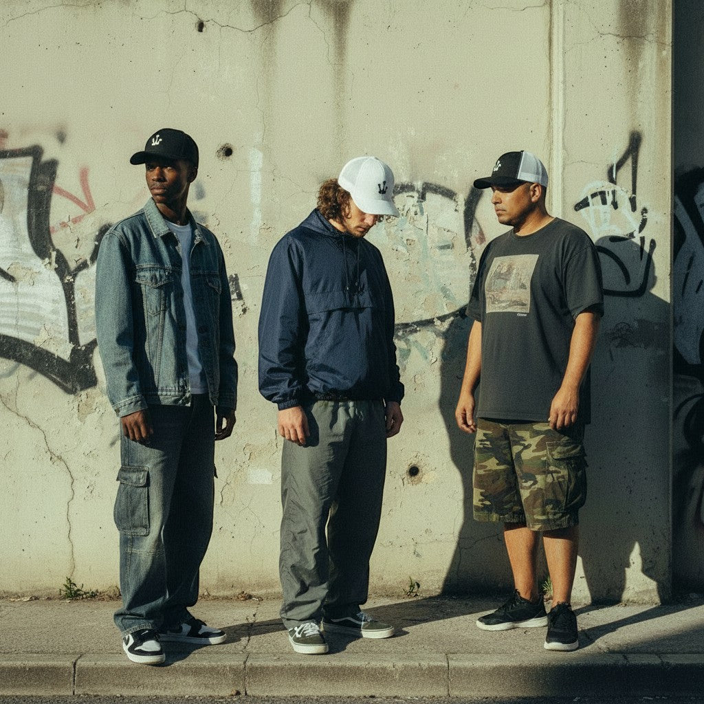 Três homens com bonés astredik UNIFORM 00 de aba curva em ambiente urbano com graffiti ao fundo
