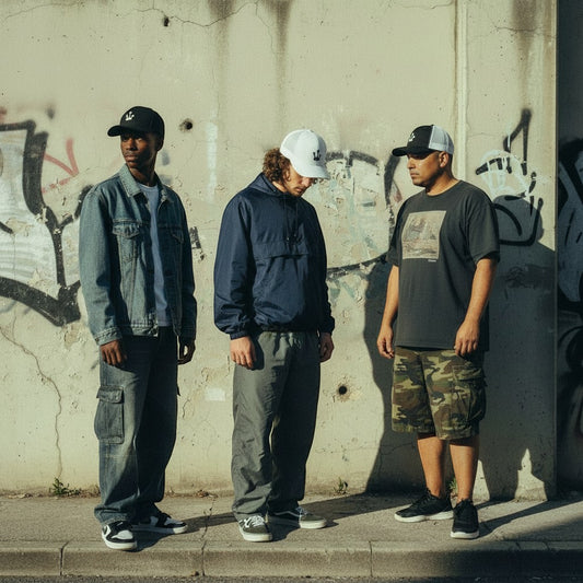 Três homens com bonés astredik UNIFORM 00 de aba curva em ambiente urbano com graffiti ao fundo