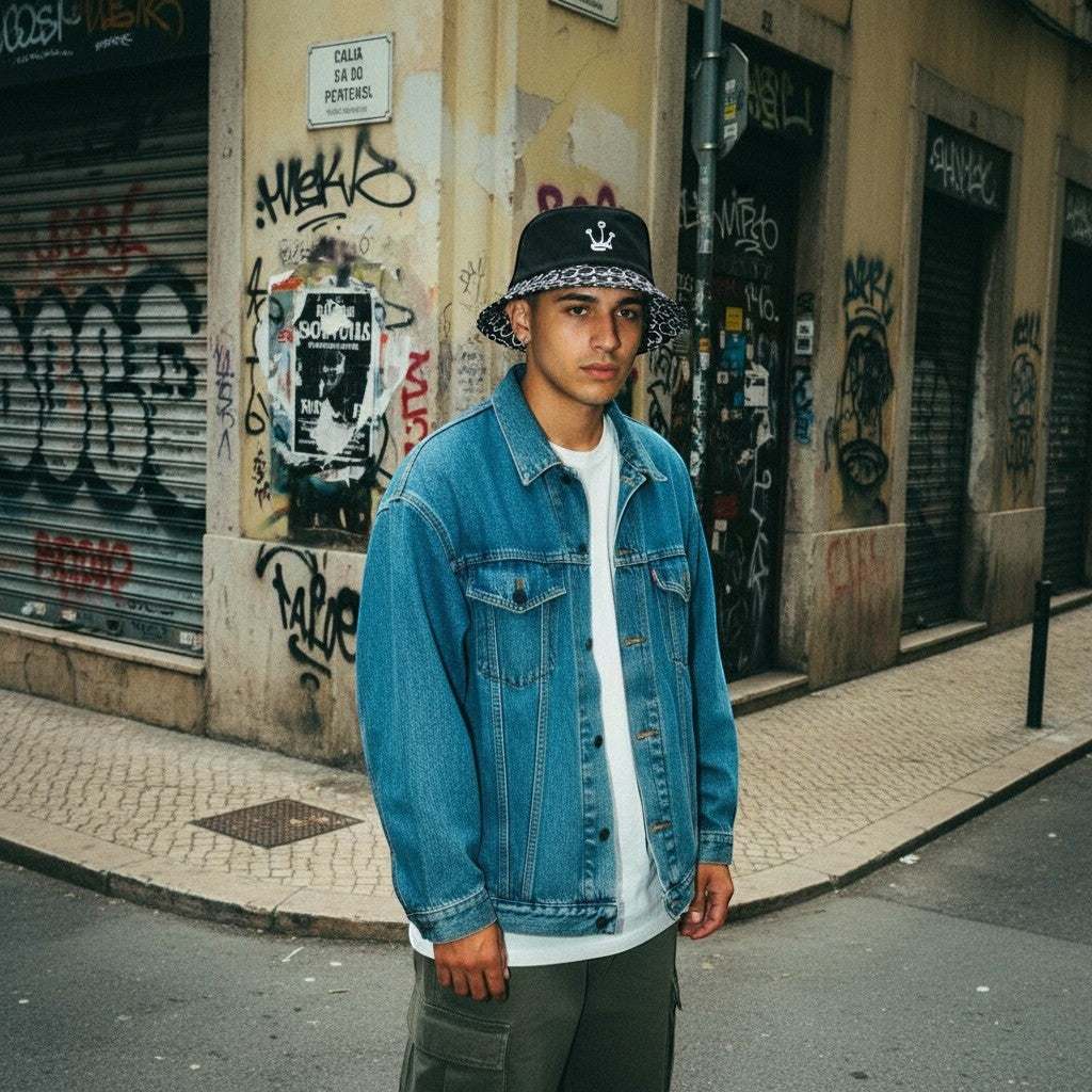 Jovem com bucket hat reversível astredik preto e estampado em ambiente urbano com graffiti