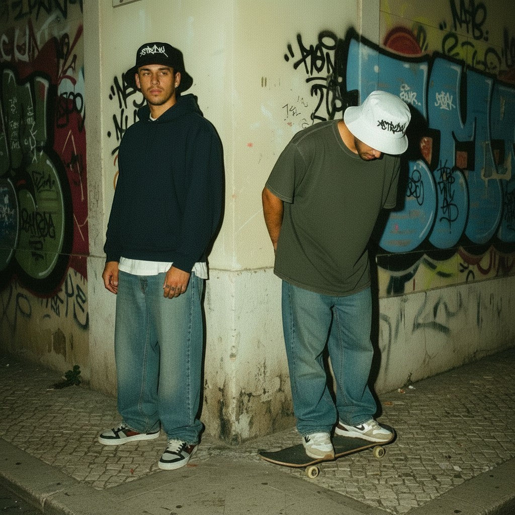 Dois jovens com bucket hats astredik UNIFORM 00, hoodies e jeans largos num cenário urbano com graffiti à noite.