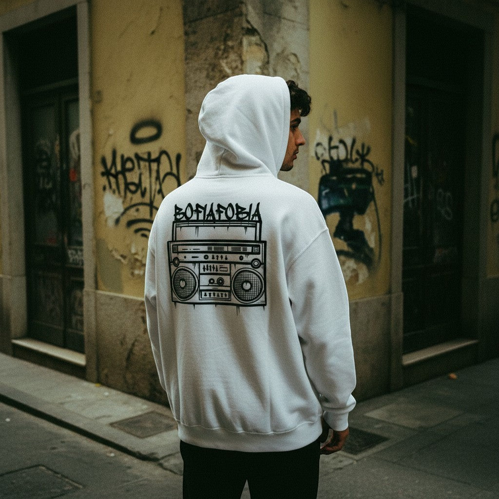 Homem de costas a usar hoodie branco astredik com ilustração de rádio e texto Bofiofobia num cenário urbano