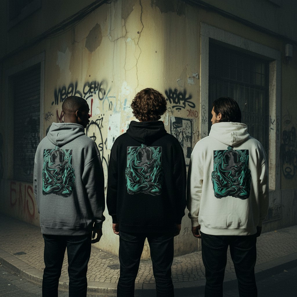 Três modelos de costas vestindo hoodies astredik com estampa gráfica de lata de spray azul em ambiente urbano.