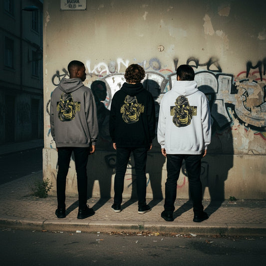 Três modelos vestem hoodies astredik cinzento, preto e branco com estampa de graffiti amarelo nas costas na rua.