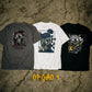 Pack de três t-shirts astredik com estampados de caveiras estilo hip-hop em tons cinza, branco e preto