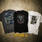 Pack de três t-shirts astredik com estampados de caveiras estilo hip-hop em tons de preto, cinzento e branco.