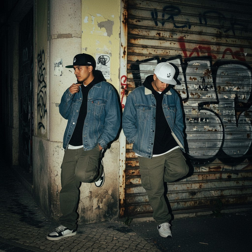 Dois homens usam bonés snapback astredik UNIFORM 00, um preto e um branco, com casacos de ganga e calças cargo na rua.