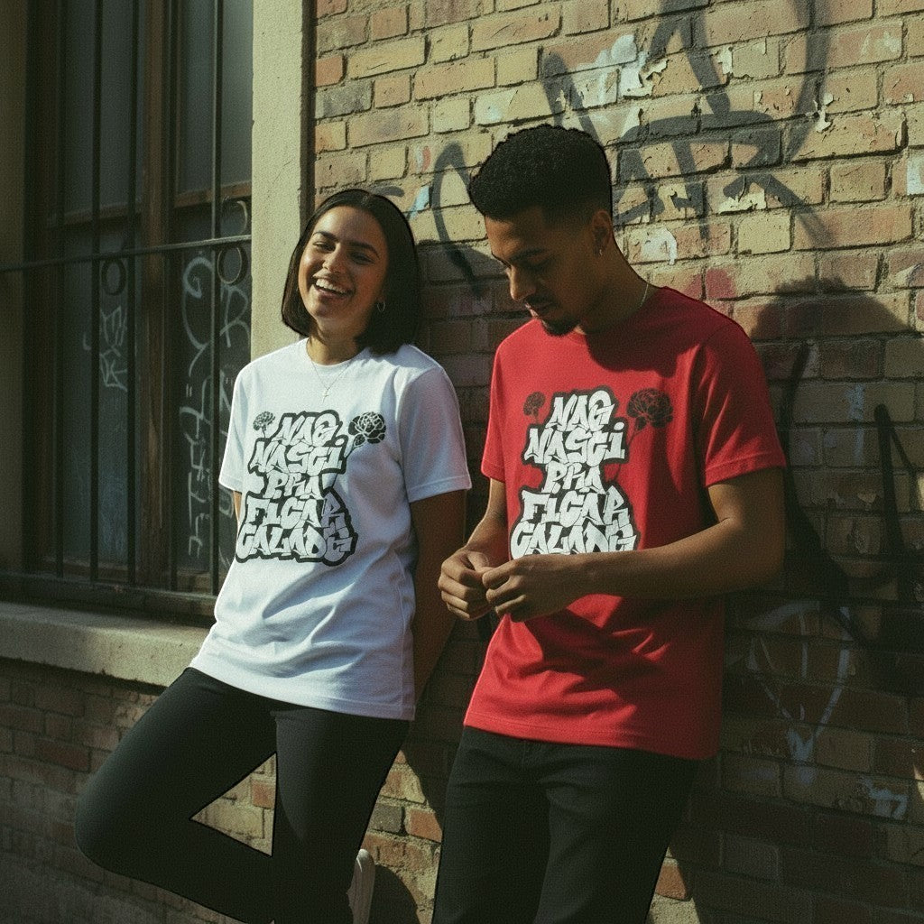 Homem e mulher vestindo t-shirts astredik brancas e vermelhas com estampa 25 de Abril junto a uma parede de tijolos.