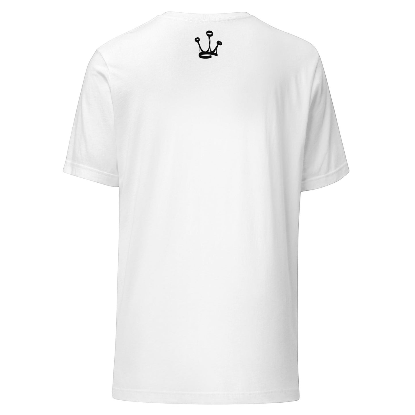 T-shirt branca astredik com logótipo de coroa preta na nuca, edição 25 de Abril, vista traseira