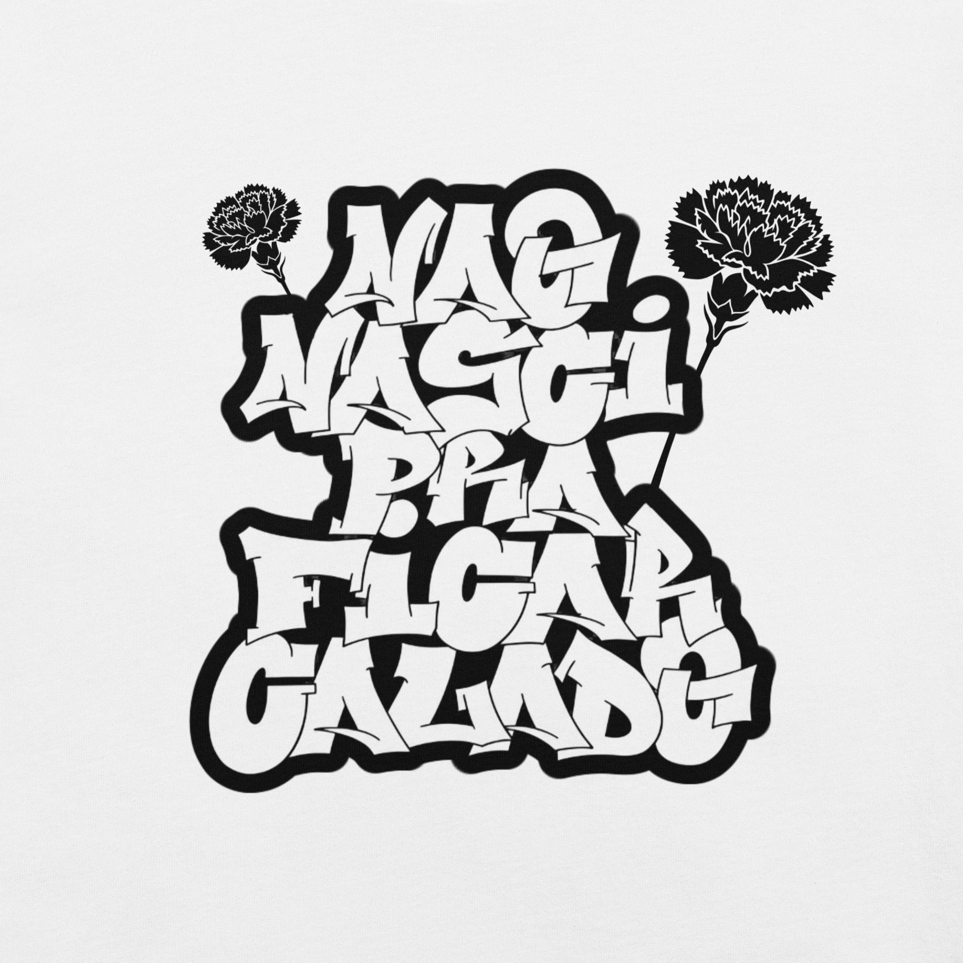 T-shirt astredik branca com estampa de graffiti preto e cravos, inspirada no 25 de Abril e na liberdade de expressão.