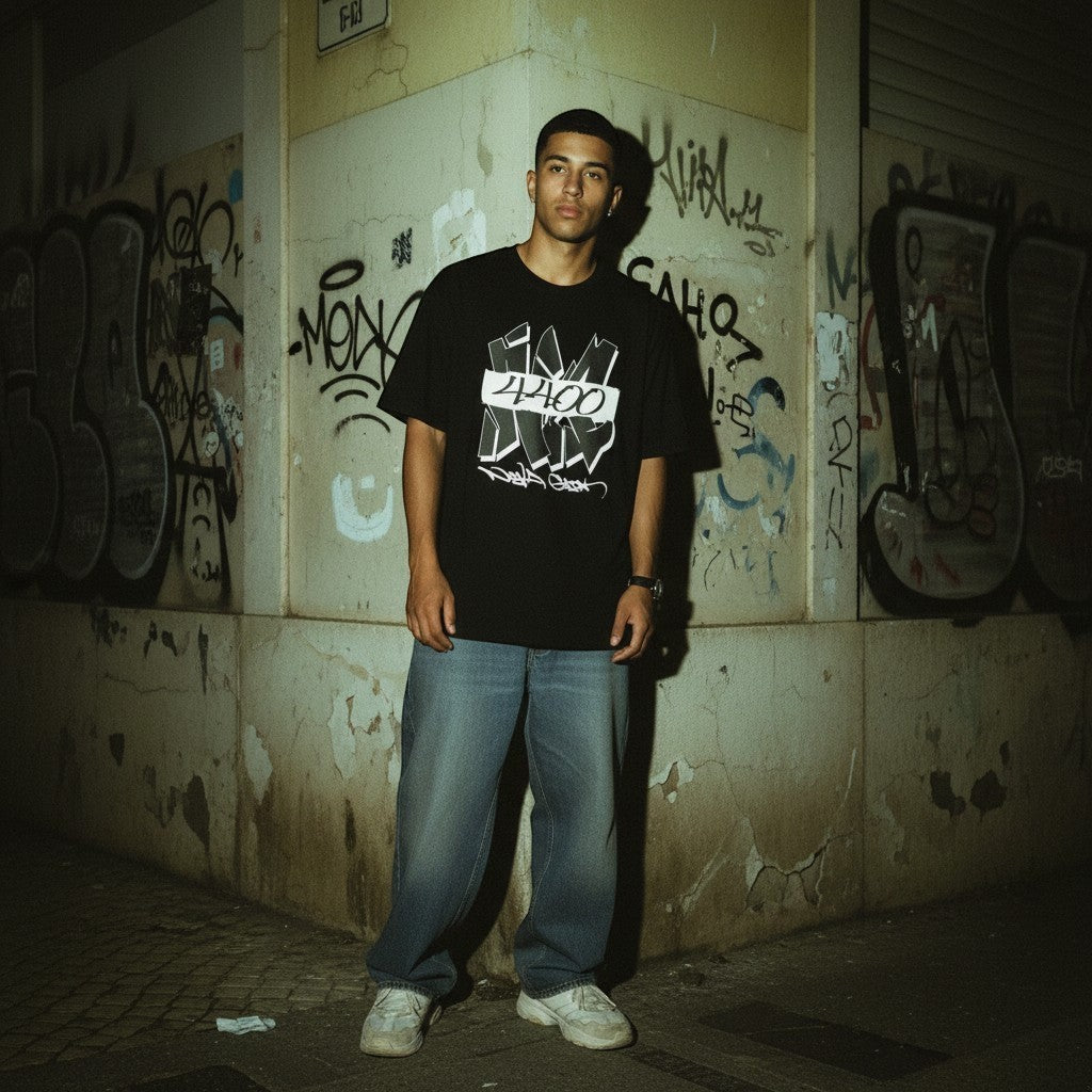 Homem veste t-shirt preta astredik com estampa urbana 4400, estilo streetwear, em cenário noturno com graffiti.