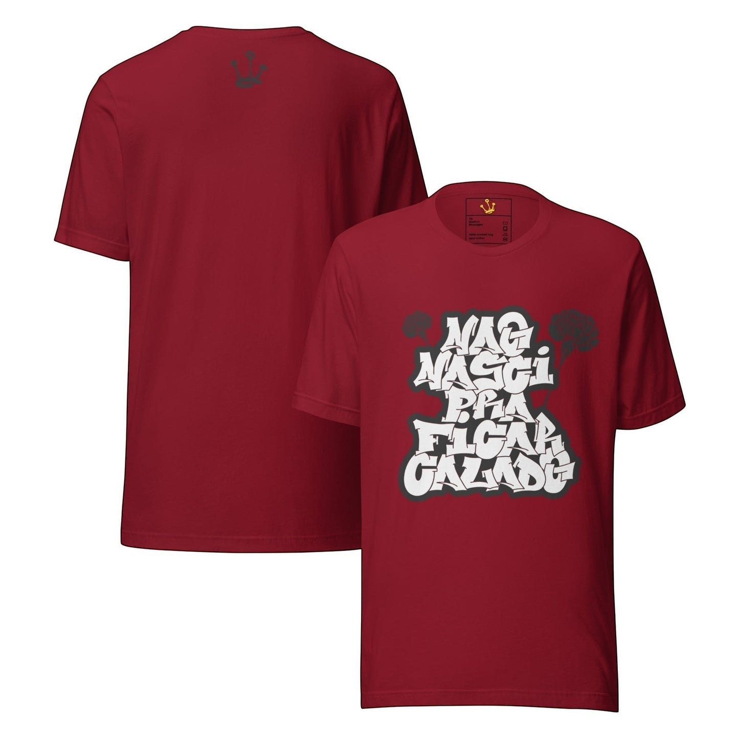 T-shirt vermelha astredik com estampa de graffiti branco e cravos, celebrando o 25 de Abril e a liberdade de expressão.